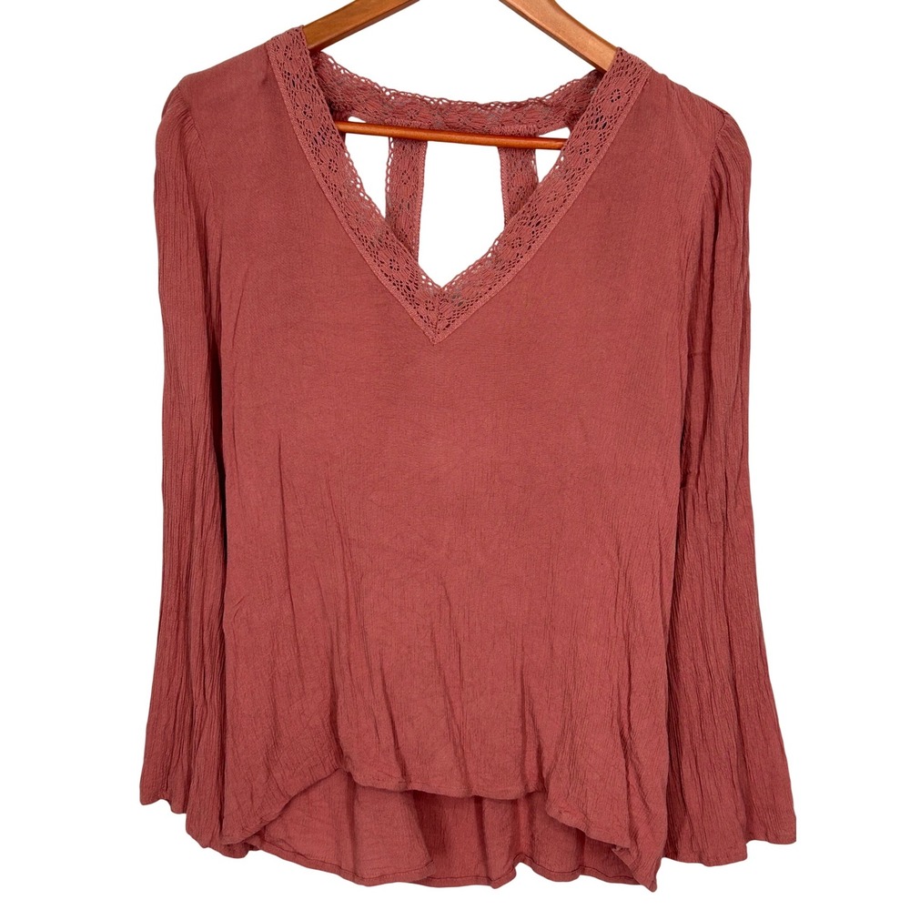 BONGO Gauzey Rayon Dusty Pink Blouse Lace Trim w/Elastic Back Women's Size Med